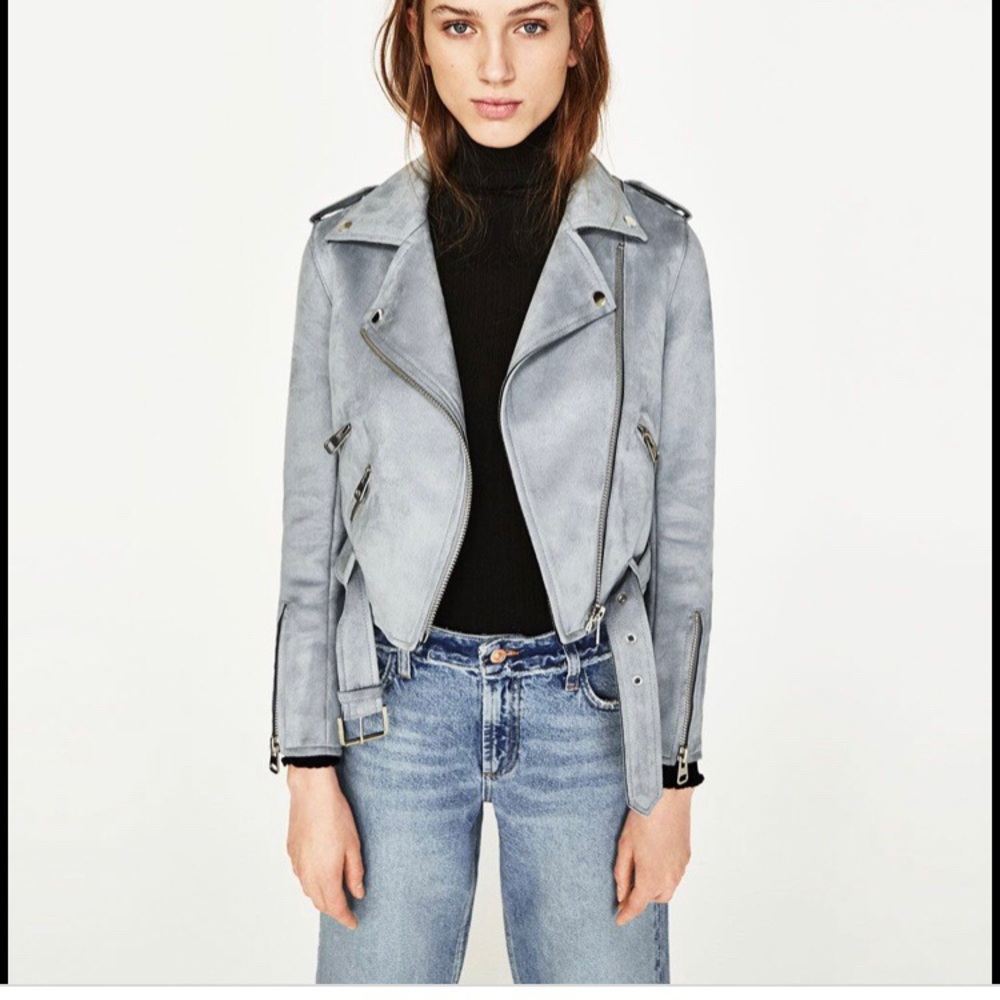 Zara light blue suede moto jacket